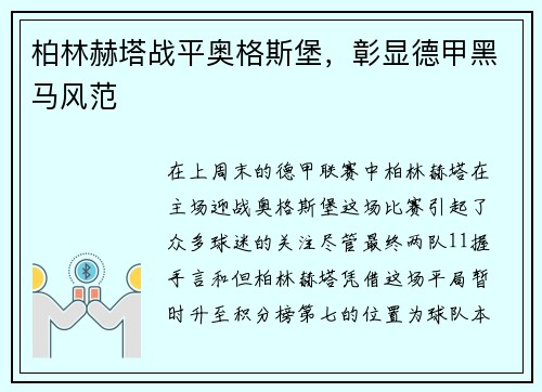 柏林赫塔战平奥格斯堡，彰显德甲黑马风范